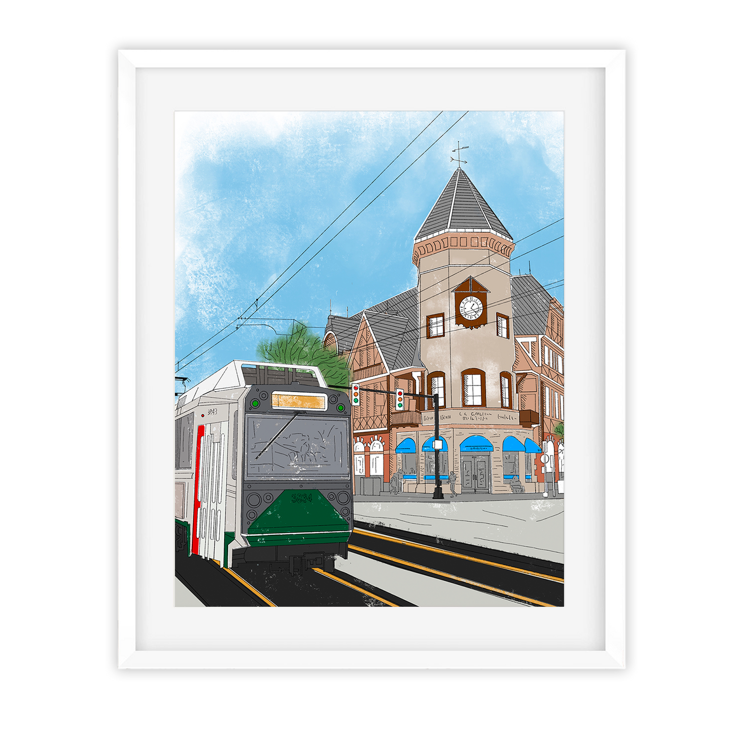 Coolidge Corner Art Print - 8x10 Matte Cardstock featuring a Boston Green Line train and historic brick building in a white frame, ideal for wall decor.