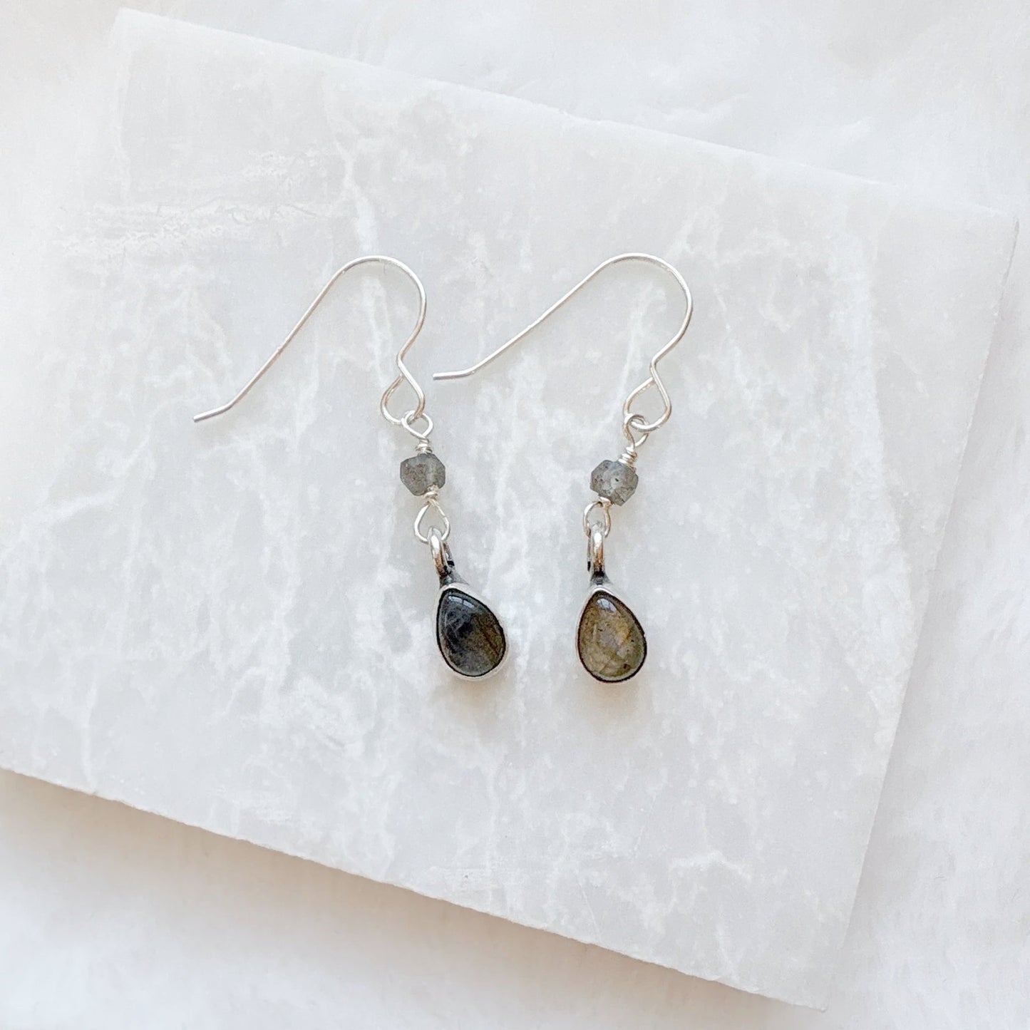 Silver Labradorite drop earrings with gemstone and bead details