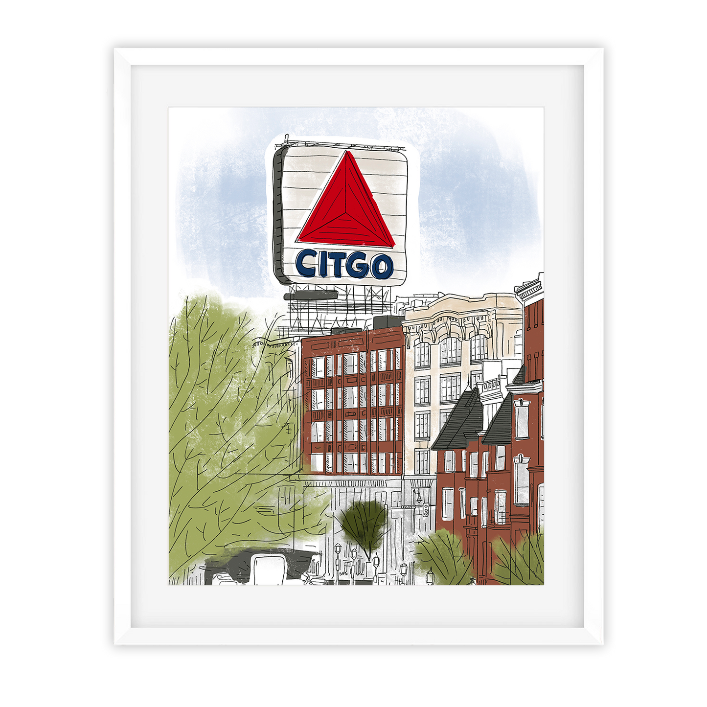 New England Fenway Art Print - 8x10 unframed poster featuring the iconic Citgo sign with Boston architecture, printed on matte 100lb cardstock.