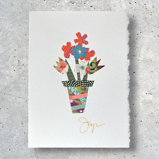 Colorful collage greeting card with floral and geometric patterns