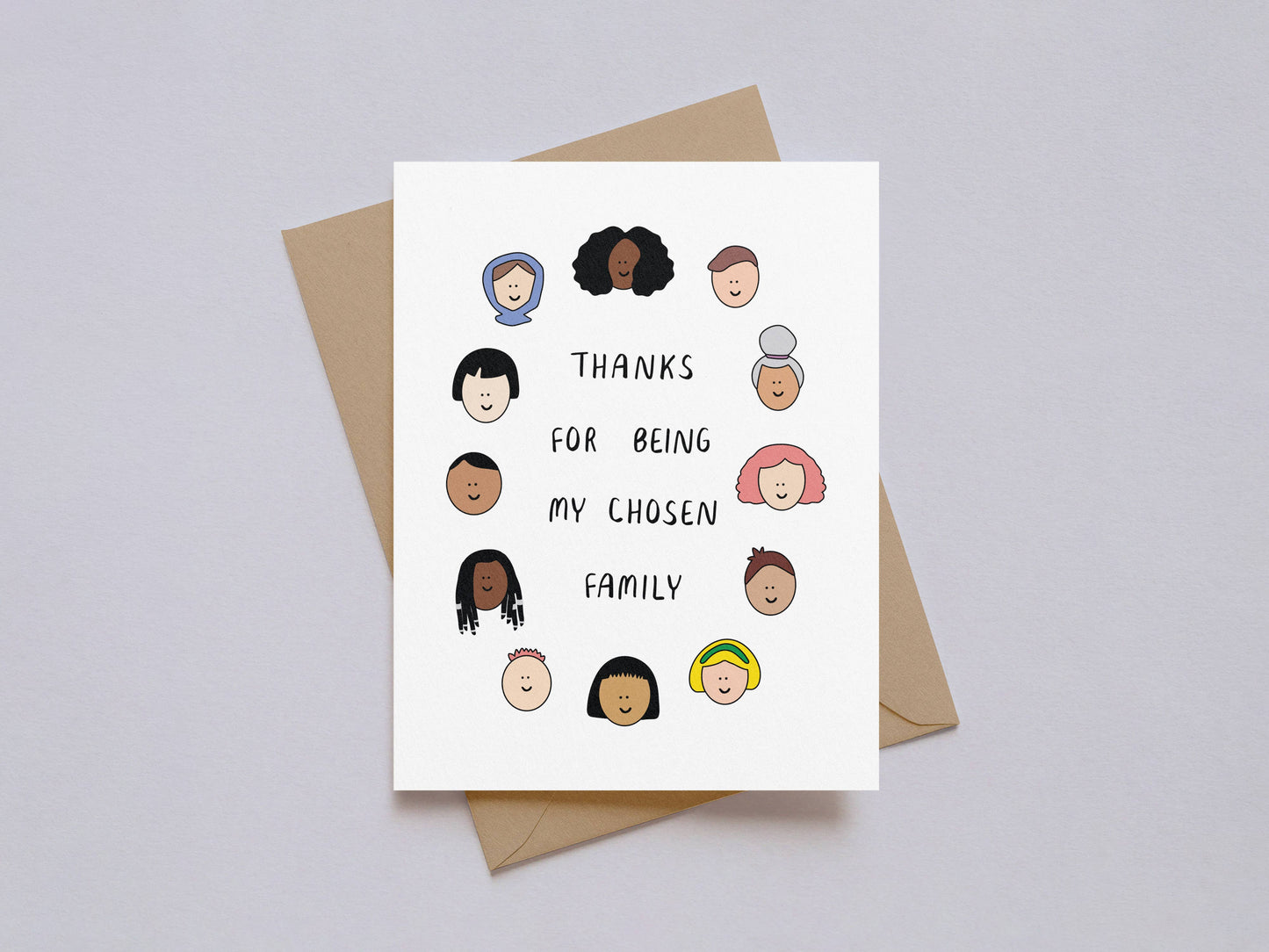 Chosen Family Thank You Card with diverse illustrated faces on white background
