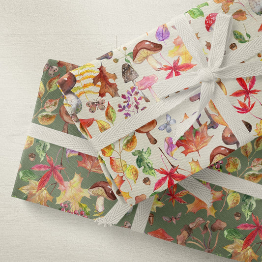 Watercolor mushrooms tea towel with autumn leaves and butterflies