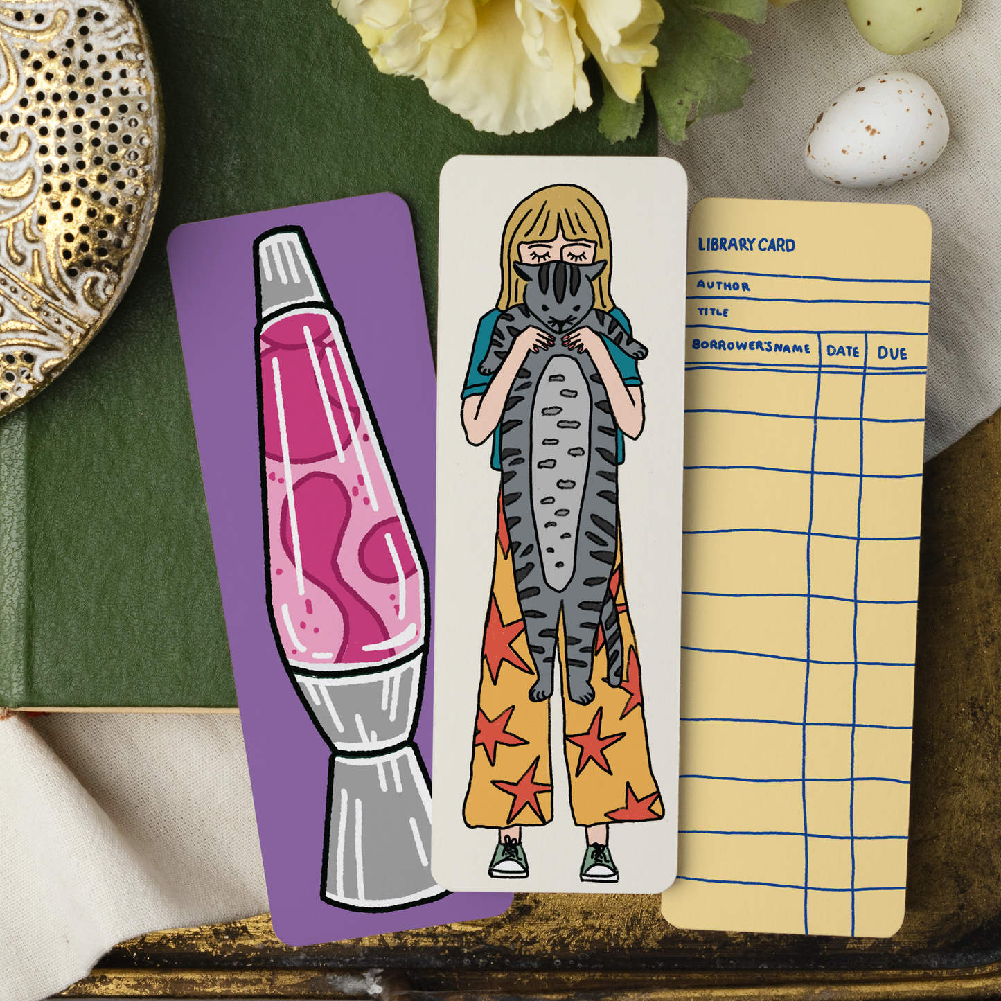 Set of illustrated bookmarks including Long Cat Bookmark - Illustrated Companion | Size: 2x6 Inch with soft-touch matte finish, ideal for book lovers.