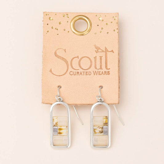 Miyuki Frame Earrings - Ivory/Silver displayed on Scout Curated Wears branded card, showcasing modern metallic and ivory bead design.