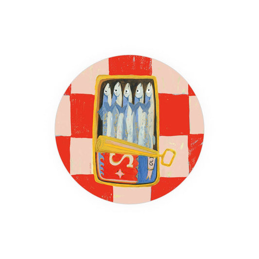 Close-up of Sardines Seedlings Coaster featuring a sardine tin design on a red checkered background, ideal for kitchen and dining decor.