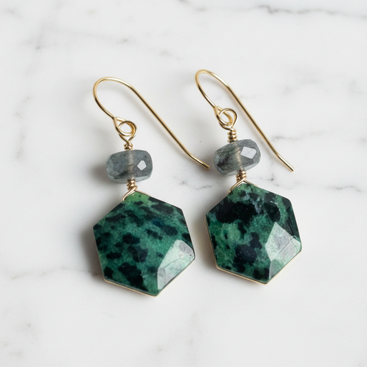 Gold hook earrings with gray and green gemstone beads