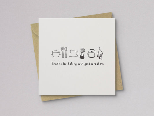 Thanks For Taking Care of Me Thank You Card with kitchen icons and envelope