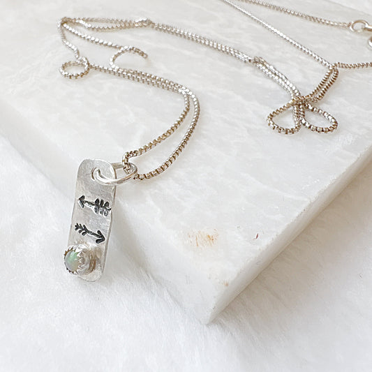 Silver Opal Arrow Tag Necklace with engraved arrows and opal gemstone