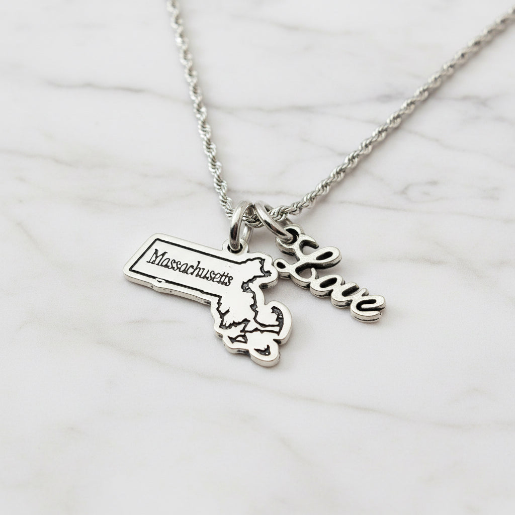 Massachusetts map and love pendant necklace