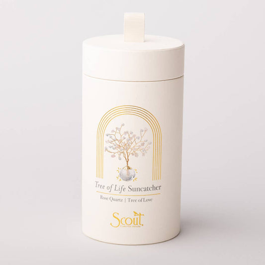 Elegant cylindrical packaging for Rose Quartz Suncatcher - Tree of Life by Scout, featuring gold foil design and product illustration.