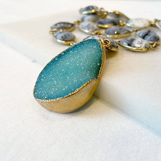 Druzy in Brass with Dendrite Opal with Gold Fill Chain Necklace Regina McGearty