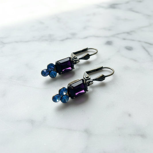 Vintage style crystal earrings with purple and blue stones