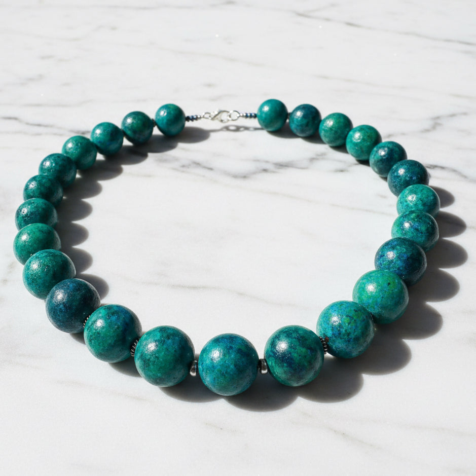 Full view of Azurite Chrysocolla gemstone necklace with sterling silver clasp