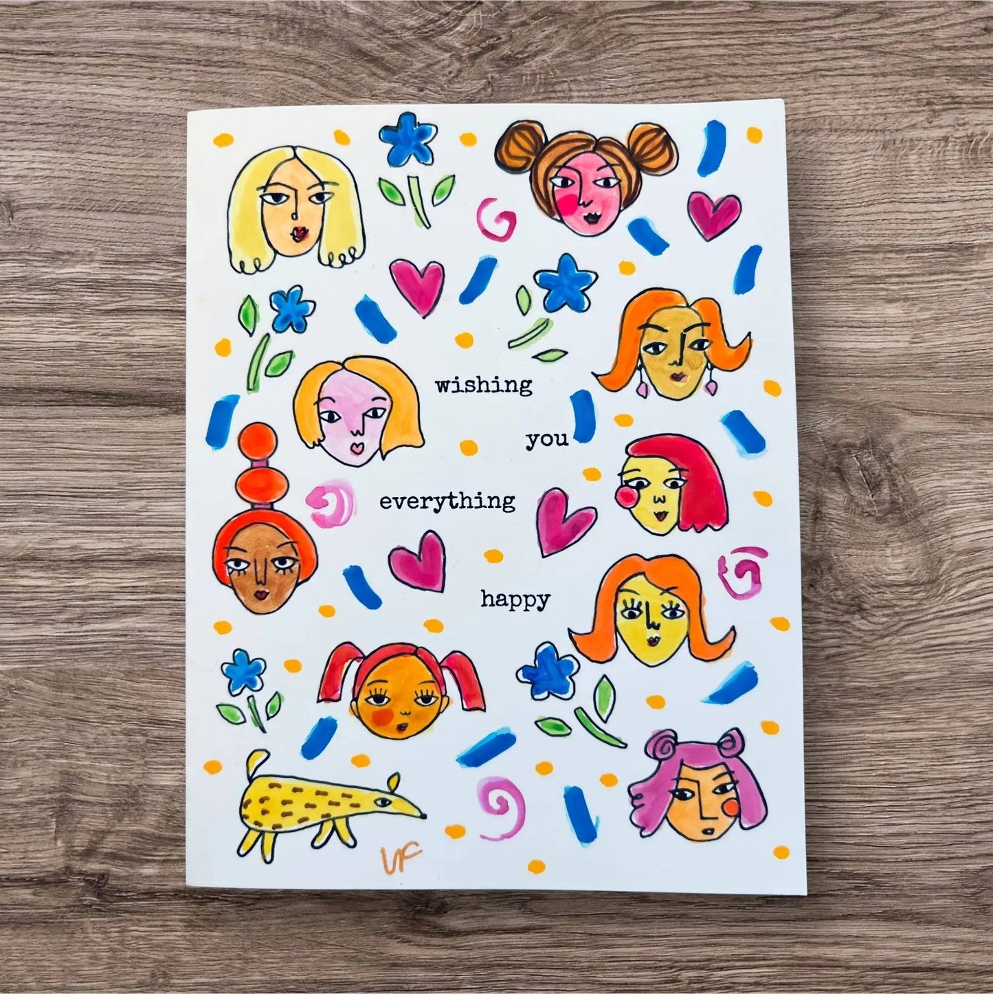 Good Vibe Tribe Greeting Card - Inspirational Handmade with diverse female faces, hearts, and flowers, reading 'wishing you everything happy'.