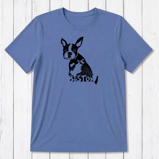 Royal blue Boston Terrier graphic T-shirt for men, crafted from bamboo and organic cotton, featuring a black dog print and Boston lettering.