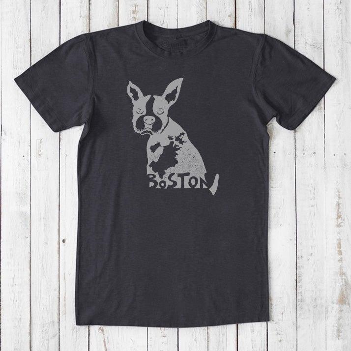 Charcoal black Boston Terrier T-shirt for men made from bamboo and organic cotton, with light gray dog illustration and Boston text.