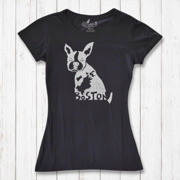Black women’s bamboo and organic cotton t-shirt with light Boston Terrier print and 'Boston' text. Sustainable and stylish gift for animal lovers.