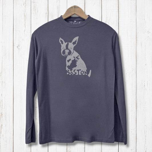 Eco-friendly men's long sleeve Boston Terrier shirt in charcoal, crafted from bamboo and organic cotton with light grey dog graphic print.