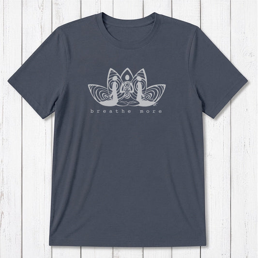 Men's Meditation T-Shirt in Bamboo & Organic Cotton in slate blue with 'Breathe More' lotus graphic. Classic fit mindfulness tee for yoga or relaxation.