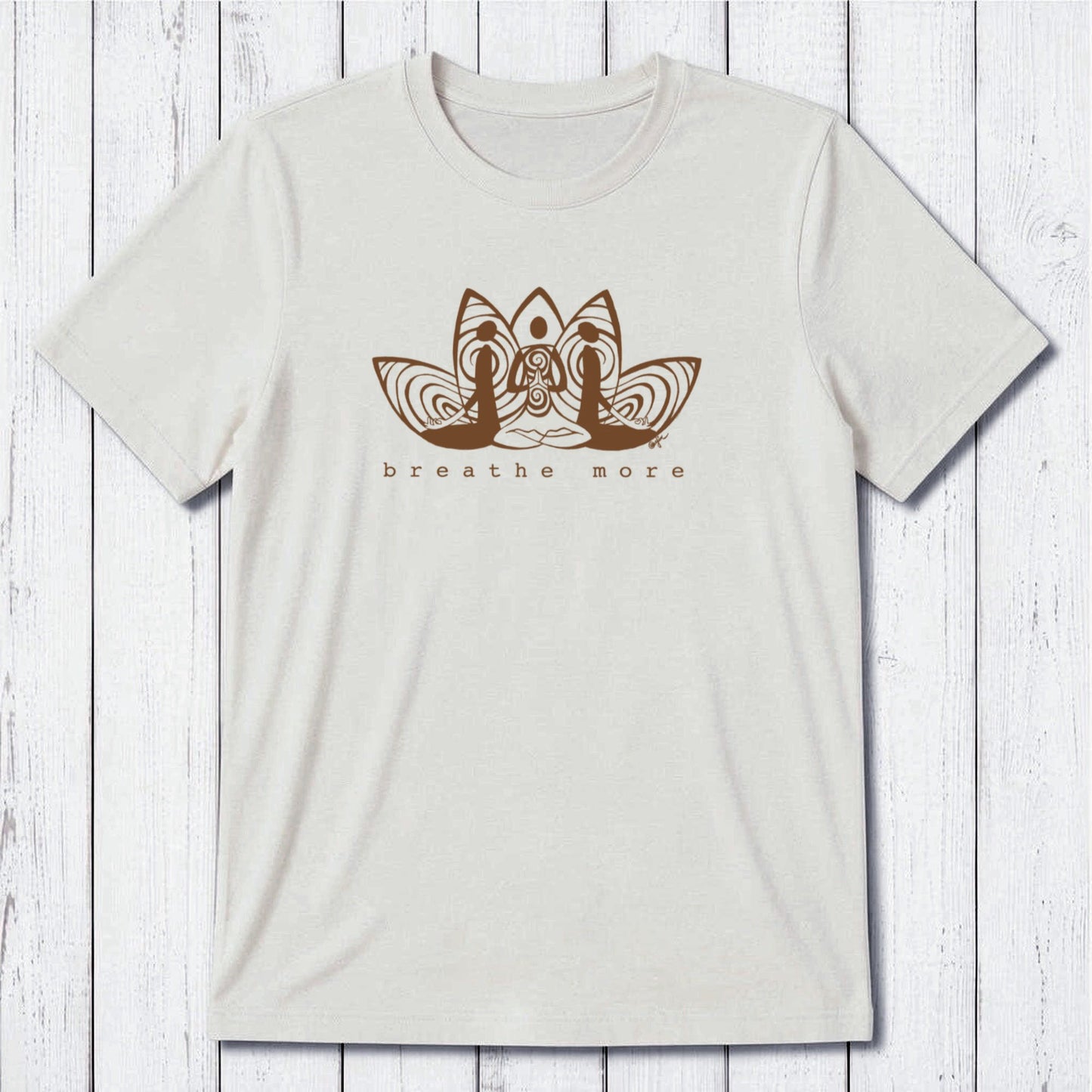 White Men's Meditation T-Shirt in bamboo and organic cotton with gray 'Breathe More' lotus design. Mindful gift for yoga and calm lifestyle.