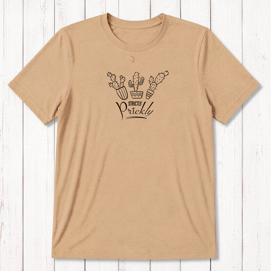 Tan men's bamboo and organic cotton T-shirt featuring 'Strictly Prickly' cactus design. Sustainable funny graphic tee by Uni-T.