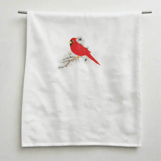 Cardinal Embroidered Towel - Nature Decor | Quality Material hanging neatly to showcase the red cardinal design on white fabric.