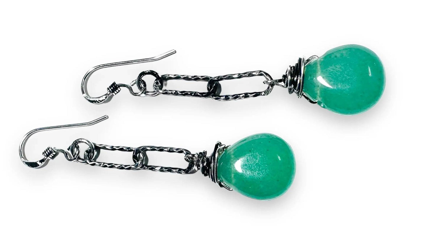 Green gemstone chalcedony earrings with handcrafted sterling silver ear wires and hammered chain design, a chic jewelry accessory.