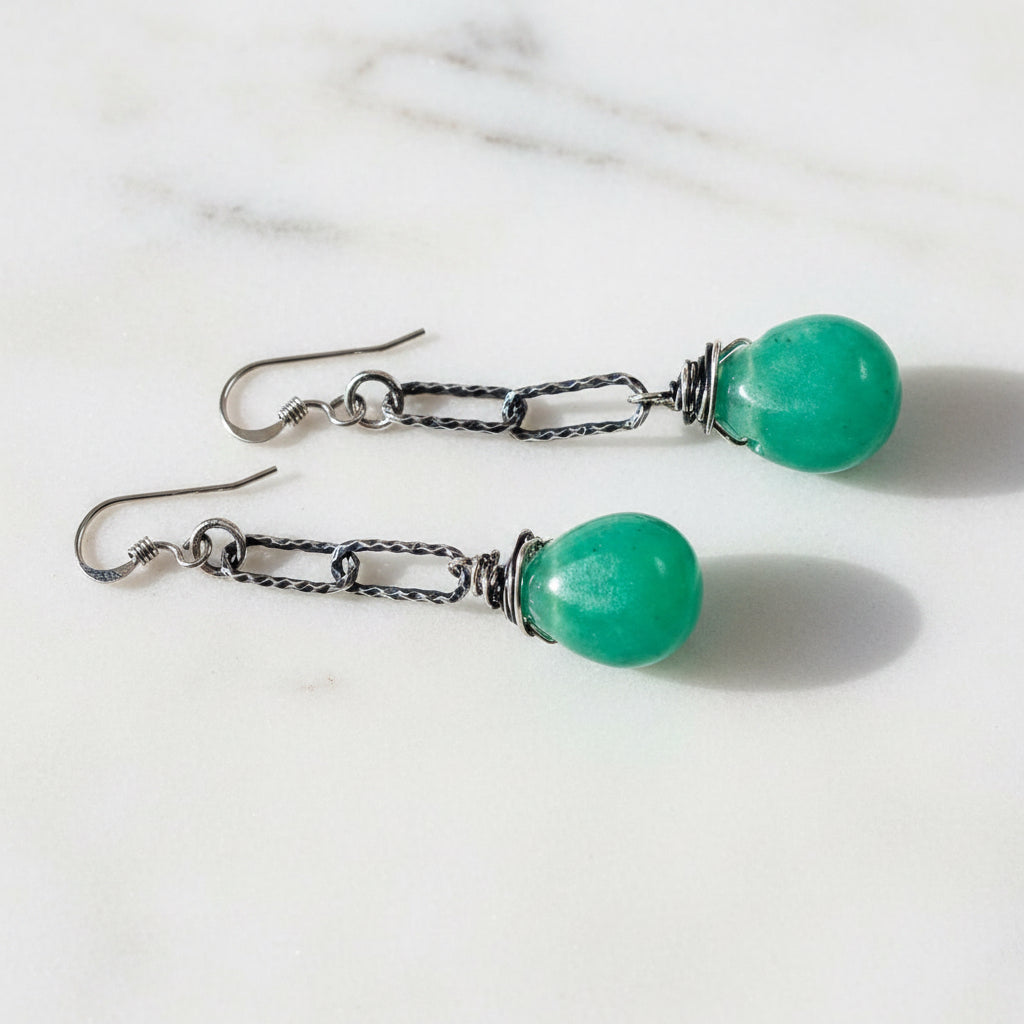 Silver chain earrings with green chalcedony gemstone drops