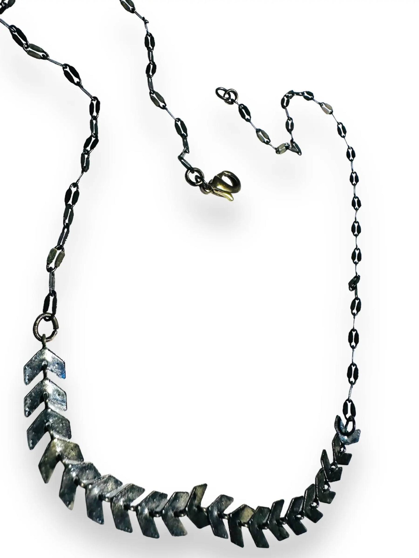 Chevron Brass Necklace - 16-Inch Length with antique finish, designed with chevron-shaped brass accents and a lobster clasp closure.