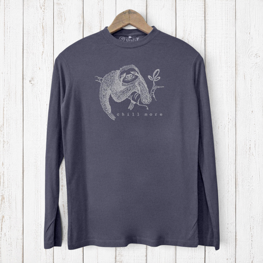 Charcoal grey Sloth Long Sleeve T-shirt for men featuring 'Chill More' text and sloth print, crafted from soft bamboo and organic cotton blend.