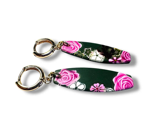 Pink floral polymer clay earrings with gold accents