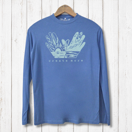 Create More T-shirts for Men - Bamboo Long Sleeve in ocean blue featuring creative hand illustration, made from organic cotton and bamboo blend.
