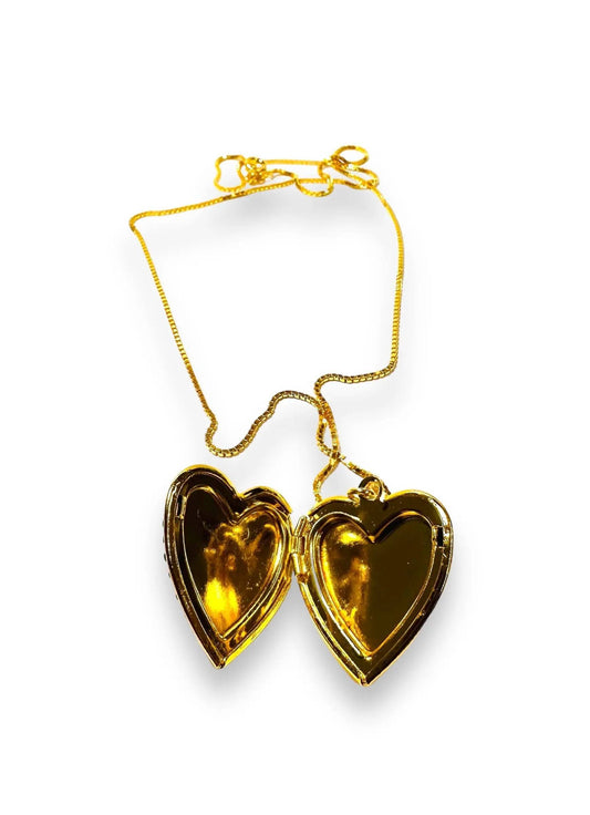 Gold double heart locket necklace with black crystals, brass jewelry