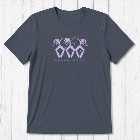 Men's Dance T-Shirt in Bamboo & Organic Cotton in navy with lavender dancer graphic and 'Dance More' text. Ideal inspirational gift for him.