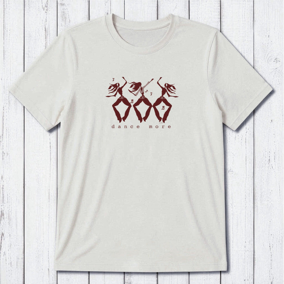 Men's Dance T-Shirt in Bamboo & Organic Cotton in off-white with black dancer silhouettes and 'Dance More' text. Perfect for dance and fitness fans.