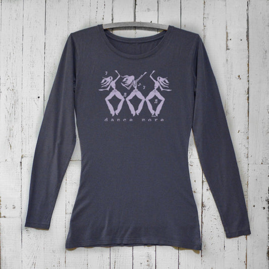 Women's Dance More Long Sleeve T-Shirt in dark gray bamboo and organic cotton with lavender dancer graphic, perfect for studio or activewear.