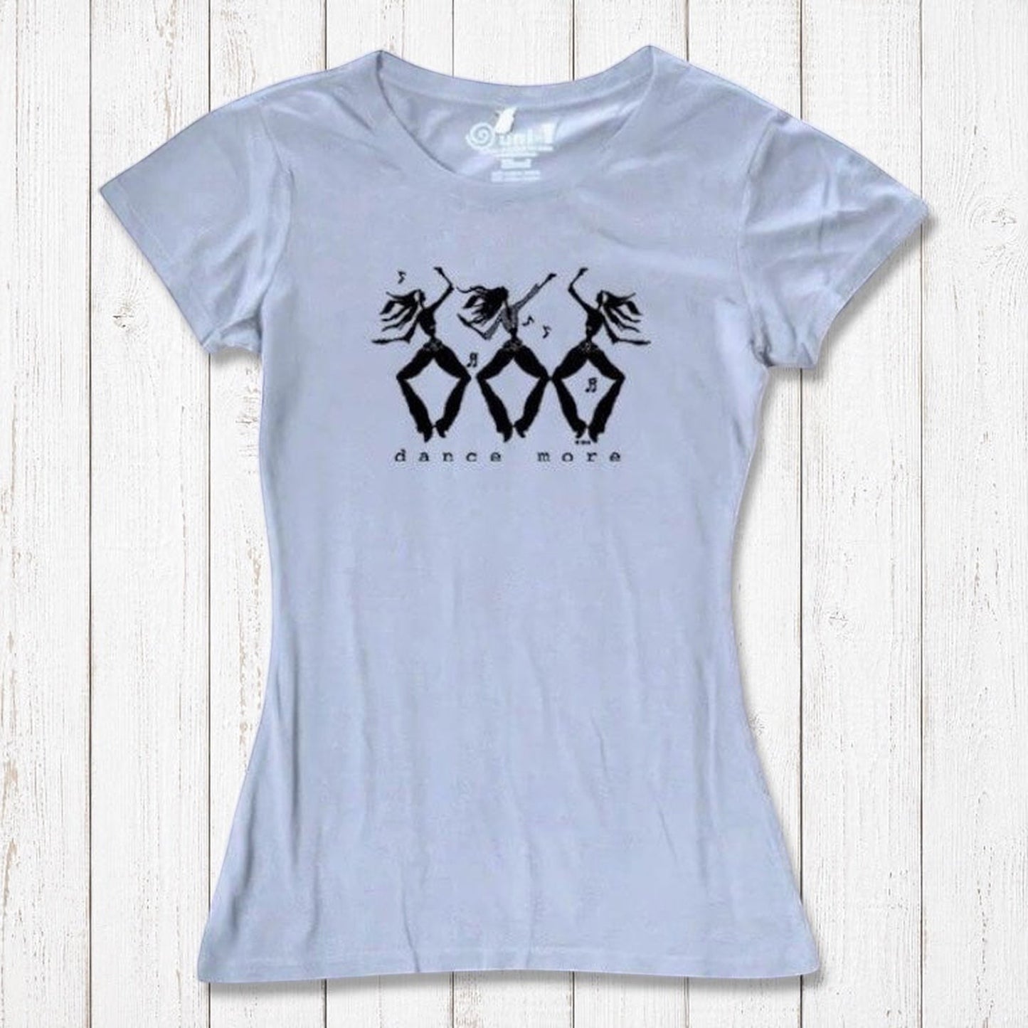 Light blue Women's Dance T-Shirt in Bamboo & Organic Cotton with black 'Dance More' dancer graphic, eco-friendly and inspirational gift idea.