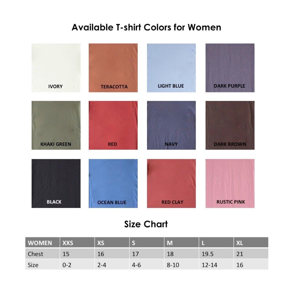 Color and size chart for Women's Bamboo & Organic Cotton Graphic T-Shirt, showing 12 color options and size range from XXS to XL.