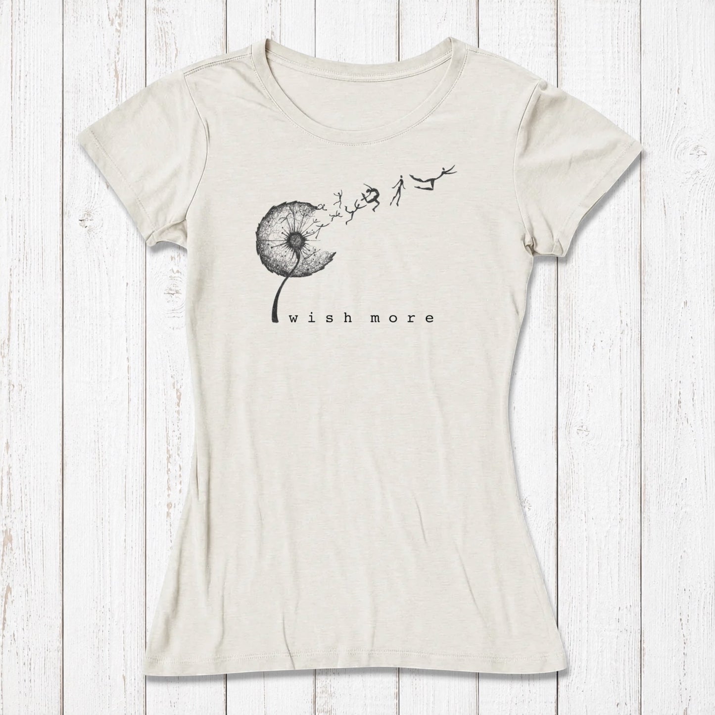 White women's T-shirt with black dandelion and human figures design, casual style, eco-friendly bamboo and organic cotton fabric, SKU: WSSXXSOCN