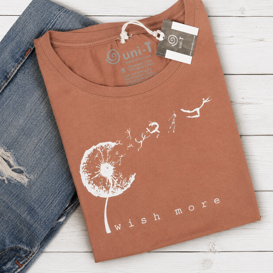 Women’s coral pink bamboo and organic cotton graphic T-shirt with wish more dandelion design, casual style, size M SKU: WSSXXSOCN