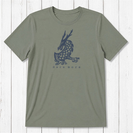 Olive green men's bamboo and organic cotton t-shirt featuring bold blue dragon artwork and 'Dare More' slogan, fantasy graphic tee gift.