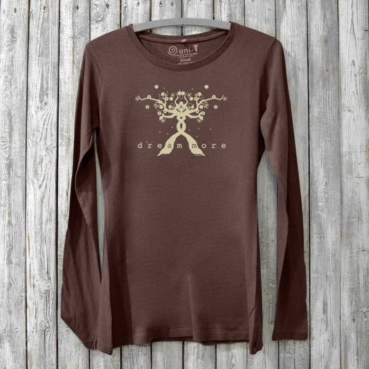Eco-friendly women's long sleeve graphic tee in brown featuring 'Dream More' tree design, crafted from bamboo and organic cotton.