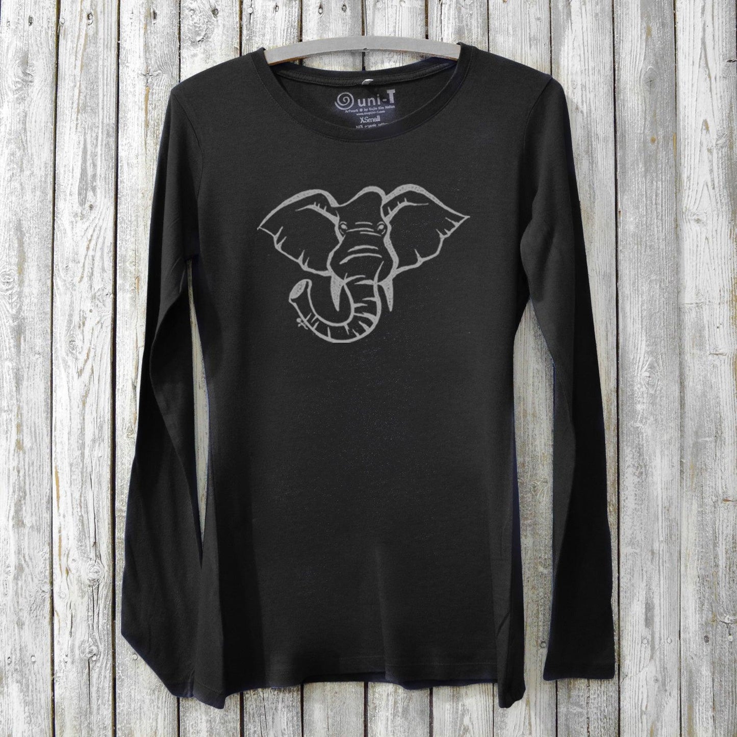 Black Women's Elephant Long Sleeve T-Shirt in Bamboo & Organic Cotton by Uni-T, featuring a striking elephant illustration titled 'Gentle Giant.'