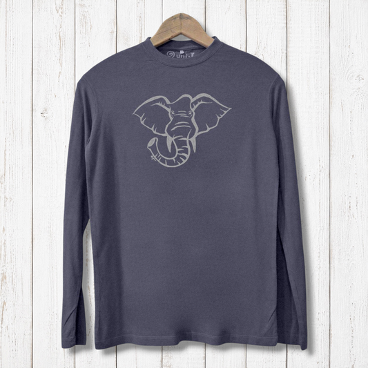 Eco-friendly Men's Elephant Long Sleeve T-Shirt in charcoal grey with a subtle elephant graphic. Made from bamboo and organic cotton for comfort.