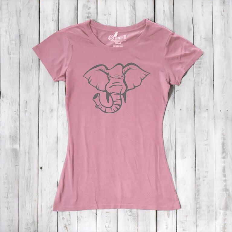 Dusty pink Women's Elephant T-Shirt in bamboo & organic cotton with grey elephant graphic. Soft and sustainable animal-themed tee for women.