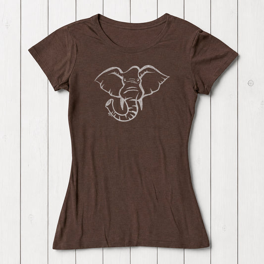 Brown women's T-shirt made from bamboo and organic cotton with a white line art elephant graphic, casual wear for animal lovers, SKU: WSSXXSKHK