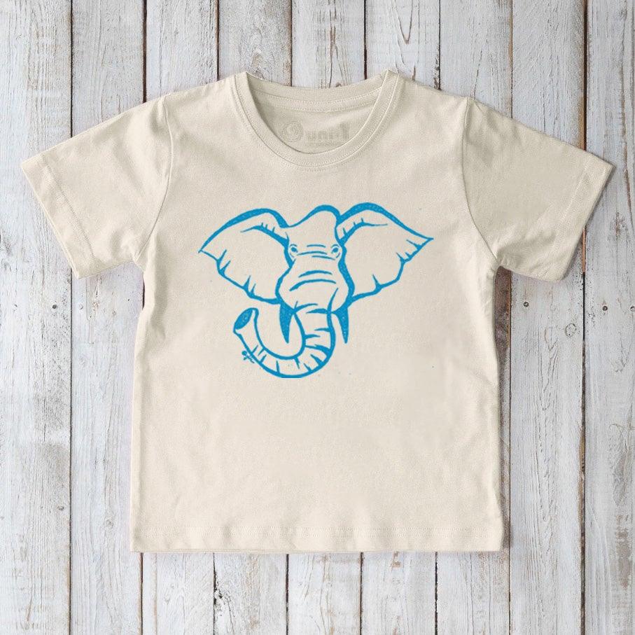 Natural cream Kids' Elephant Organic Cotton T-Shirt with bright blue elephant graphic, eco-friendly safari tee by Uni-T for kids.