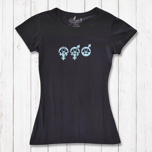 Women's Equality T-Shirt in black bamboo & organic cotton with blue human rights graphic. Eco-friendly tee promoting social justice and unity.
