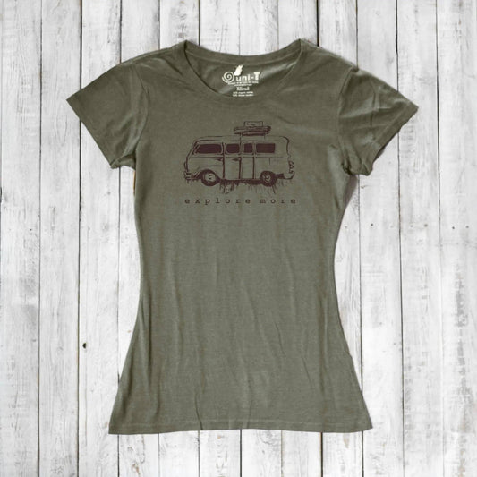 Olive green Retro Van T-Shirt for Women featuring 'Explore More' graphic, crafted from sustainable bamboo and organic cotton fabric.