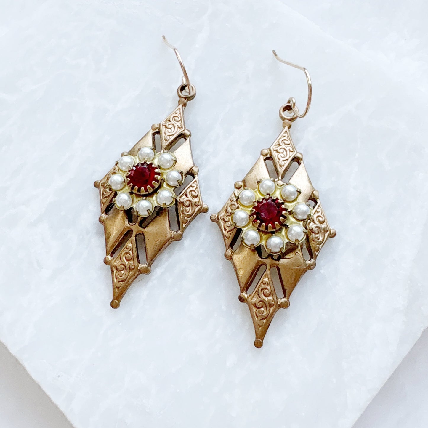 Brass Filigree Crystal Drop Earrings
